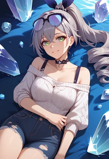 star rail,silver wolf,sweater,off-shoulder,ripped jeans  - AI generated anime art